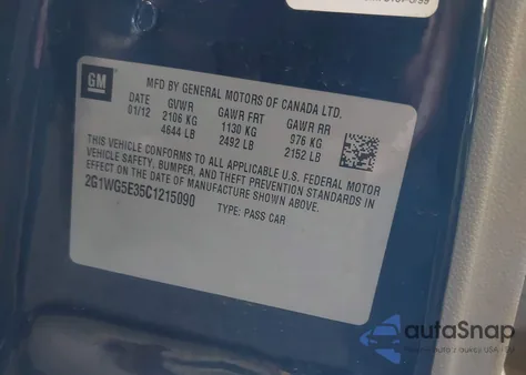 2012 Chevrolet Impala Lt из США, поврежденный, VIN 2G1WG5E35C1215090